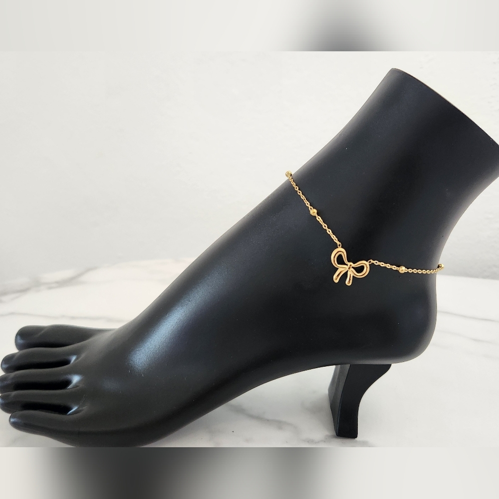 Gold Plated Bow Charm Beaded Chain Adjustable Dainty Anklet - Picture 4 of 12